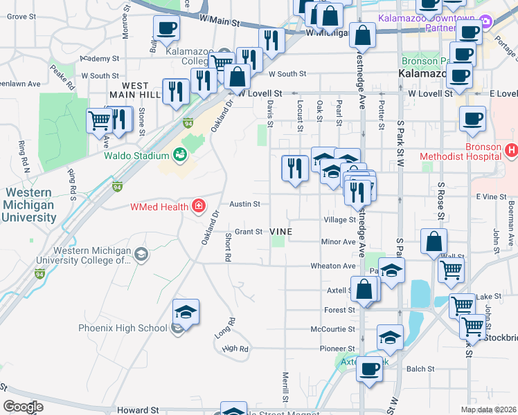 map of restaurants, bars, coffee shops, grocery stores, and more near 913 Austin Street in Kalamazoo