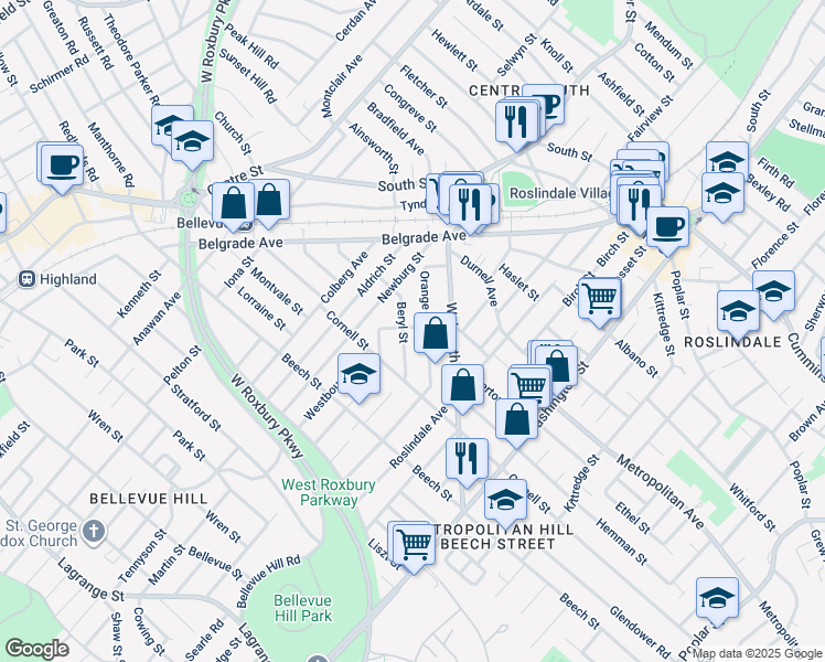 map of restaurants, bars, coffee shops, grocery stores, and more near 32 Hillock Street in Boston