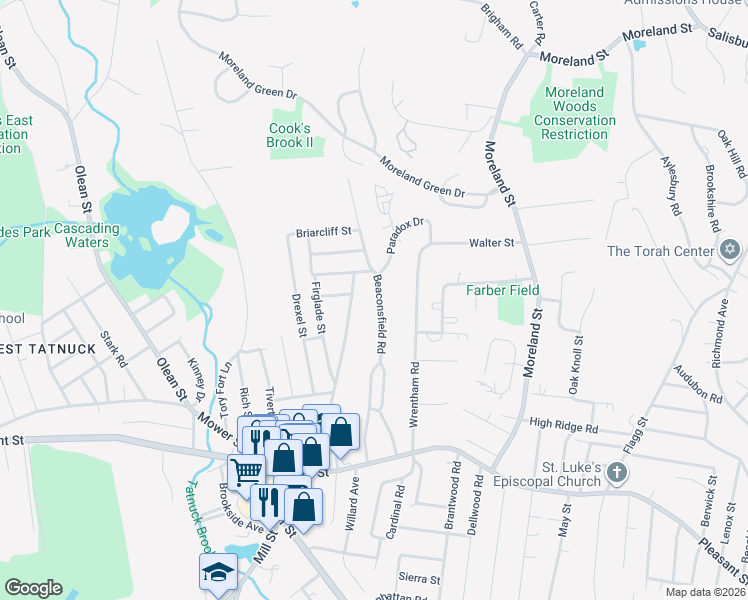 map of restaurants, bars, coffee shops, grocery stores, and more near 125 Beaconsfield Road in Worcester