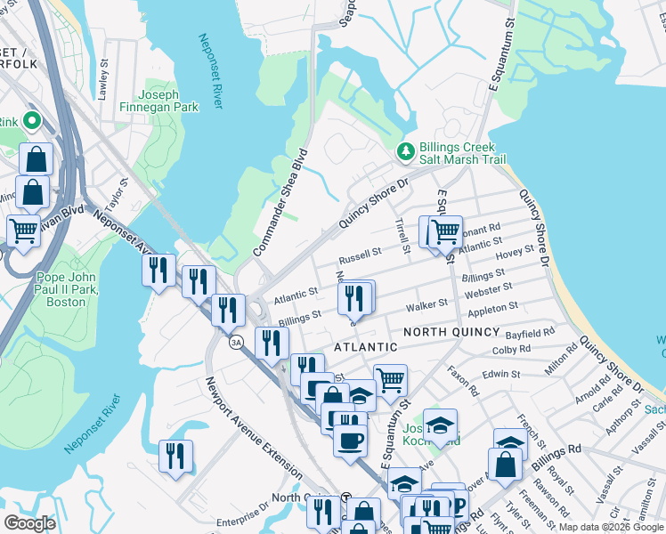 map of restaurants, bars, coffee shops, grocery stores, and more near 25 Russell Street in Quincy