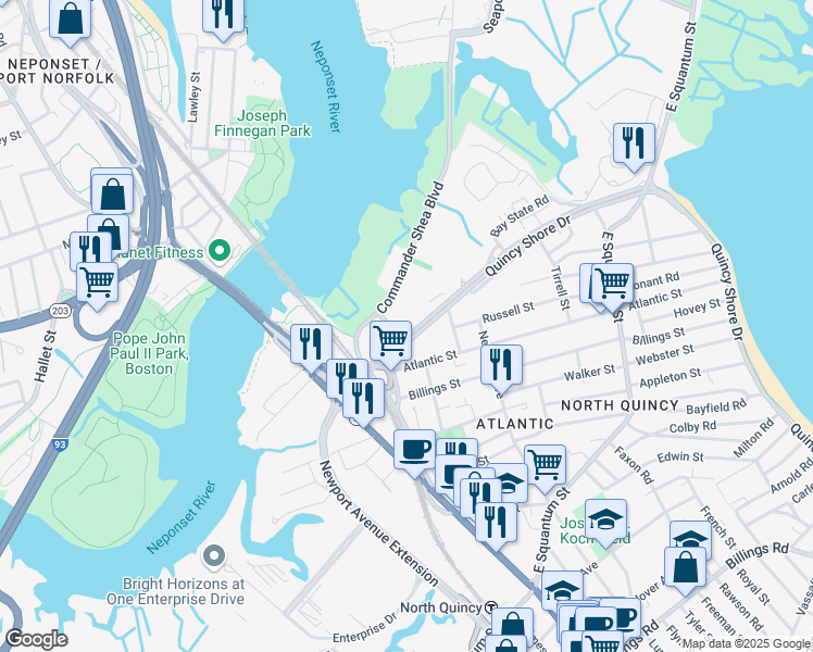 map of restaurants, bars, coffee shops, grocery stores, and more near 93 Quincy Shore Drive in Quincy
