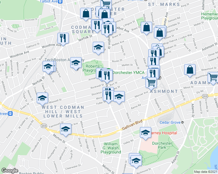 map of restaurants, bars, coffee shops, grocery stores, and more near 815 Washington Street in Boston