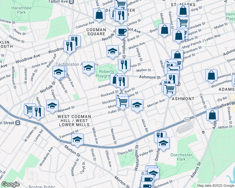 map of restaurants, bars, coffee shops, grocery stores, and more near 815 Washington Street in Boston
