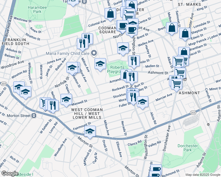 map of restaurants, bars, coffee shops, grocery stores, and more near 39 Rockwell Street in Boston