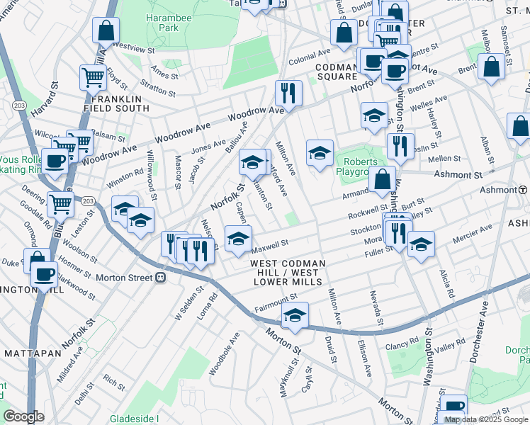 map of restaurants, bars, coffee shops, grocery stores, and more near 65 Stanton Street in Boston
