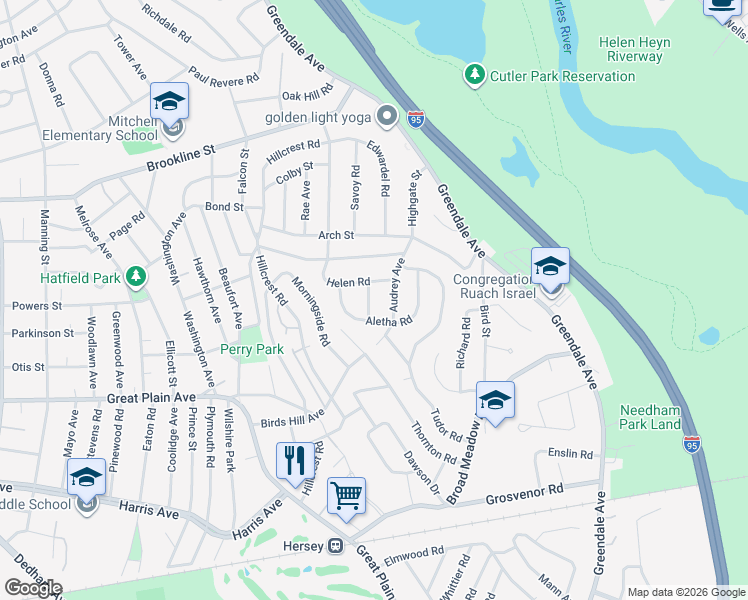 map of restaurants, bars, coffee shops, grocery stores, and more near 18 Ina Road in Needham