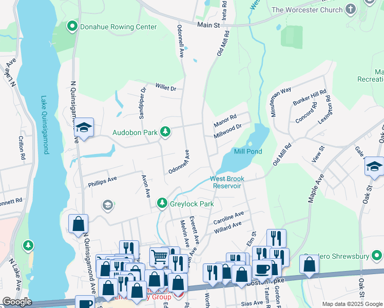 map of restaurants, bars, coffee shops, grocery stores, and more near 120 Old Mill Road in Shrewsbury