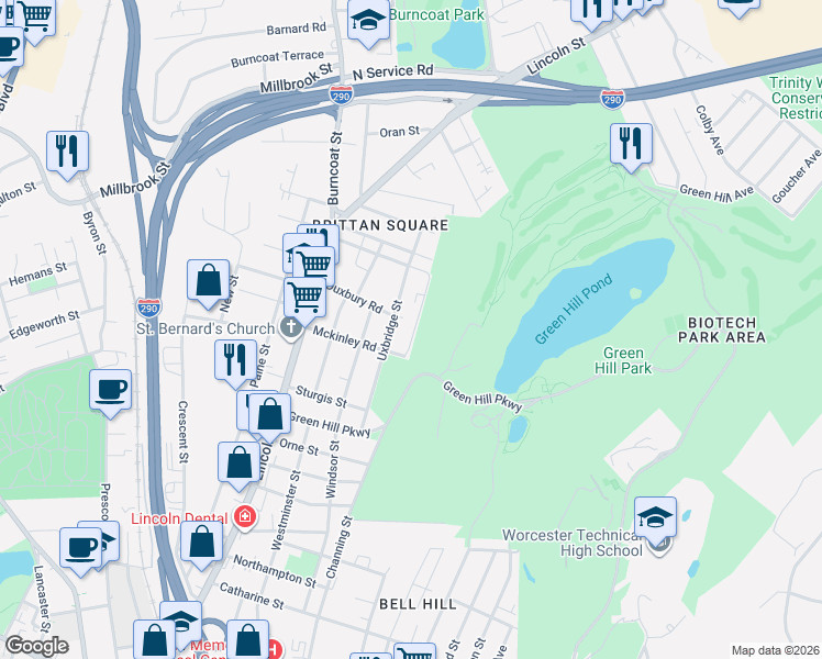 map of restaurants, bars, coffee shops, grocery stores, and more near 19 Denmark Street in Worcester