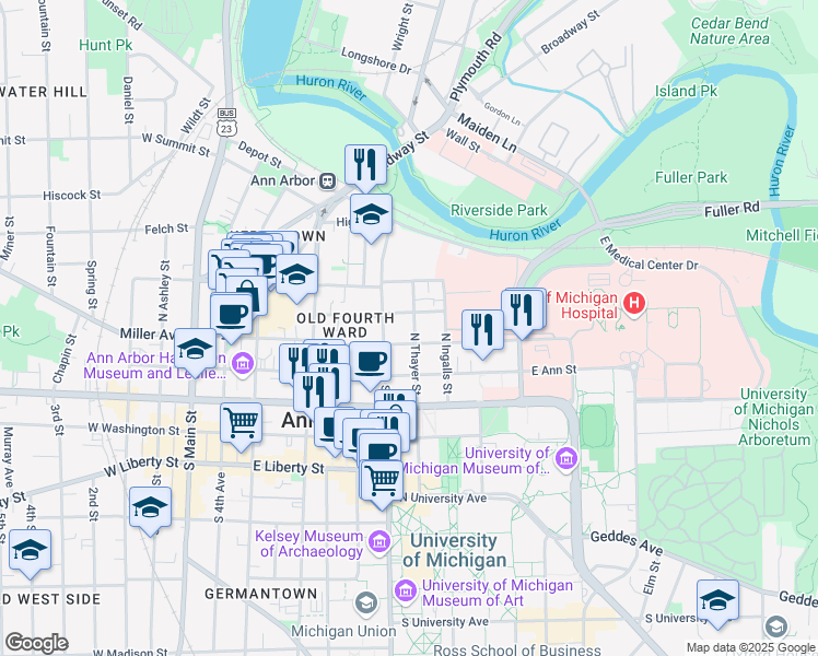 map of restaurants, bars, coffee shops, grocery stores, and more near 314 North State Street in Ann Arbor