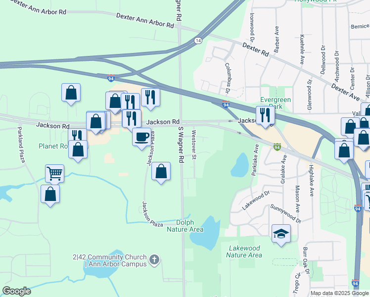 map of restaurants, bars, coffee shops, grocery stores, and more near 157 South Wagner Road in Ann Arbor