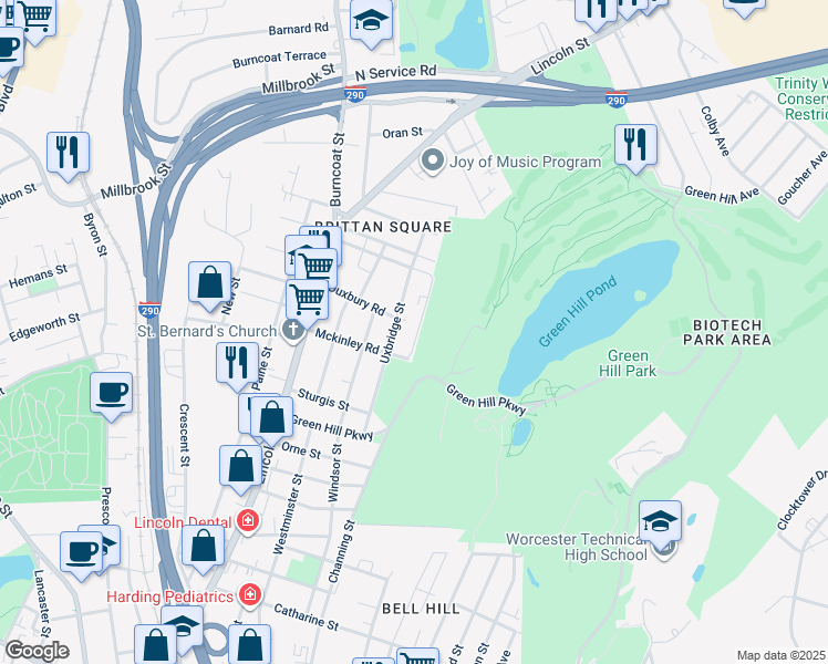 map of restaurants, bars, coffee shops, grocery stores, and more near 19 Denmark Street in Worcester