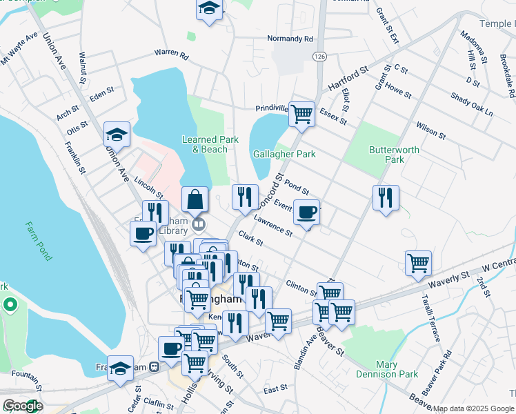 map of restaurants, bars, coffee shops, grocery stores, and more near 301 Concord Street in Framingham