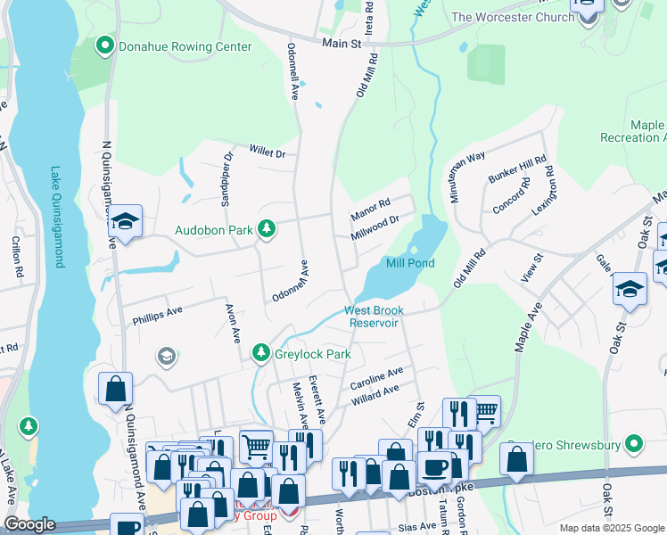 map of restaurants, bars, coffee shops, grocery stores, and more near 120 Old Mill Road in Shrewsbury