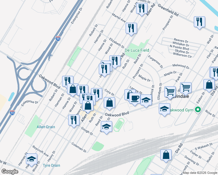 map of restaurants, bars, coffee shops, grocery stores, and more near 18043 Ruth Street in Melvindale