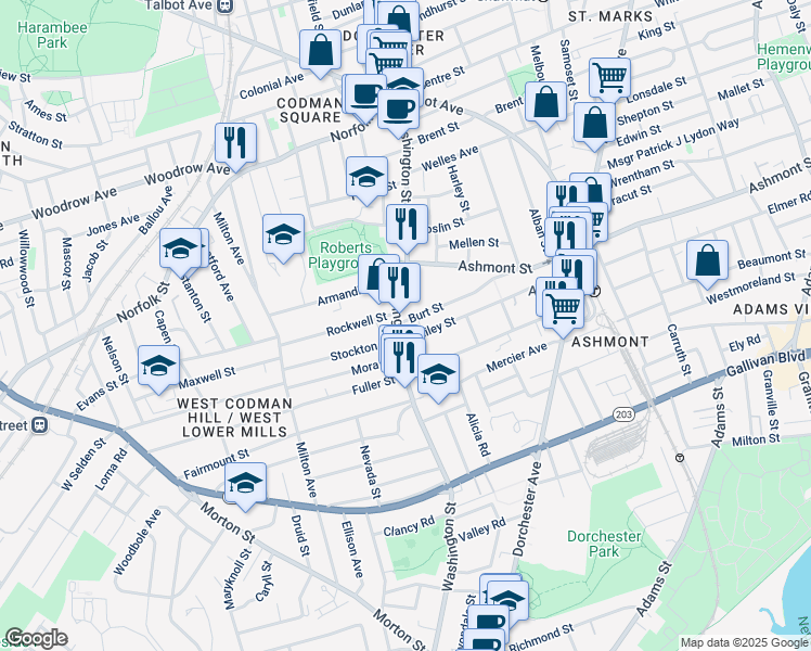 map of restaurants, bars, coffee shops, grocery stores, and more near 800 Washington Street in Boston