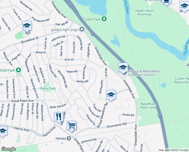 map of restaurants, bars, coffee shops, grocery stores, and more near 170 Tudor Road in Needham