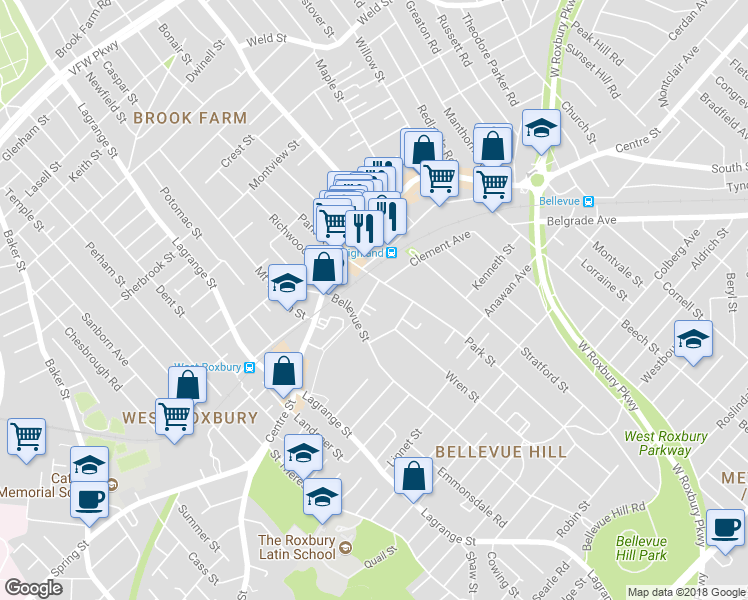 map of restaurants, bars, coffee shops, grocery stores, and more near 16 March Avenue in West Roxbury