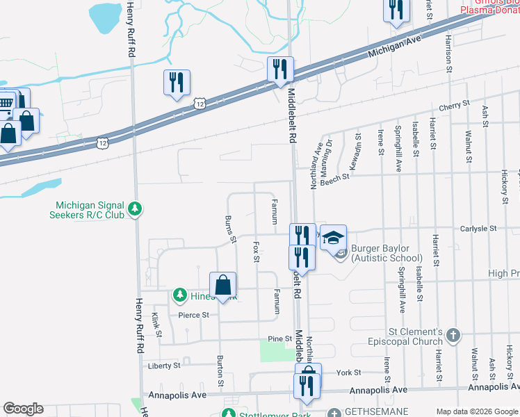 map of restaurants, bars, coffee shops, grocery stores, and more near 3567 Fox Street in Inkster