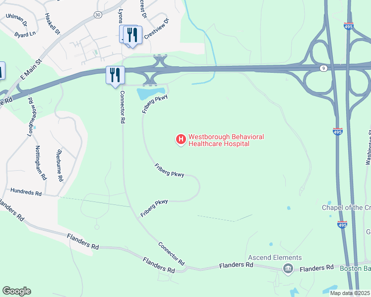 map of restaurants, bars, coffee shops, grocery stores, and more near 300 Friberg Parkway in Westborough