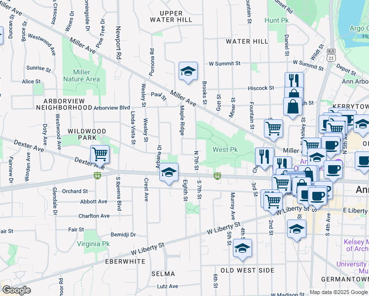 map of restaurants, bars, coffee shops, grocery stores, and more near 210 Bucholz Court in Ann Arbor