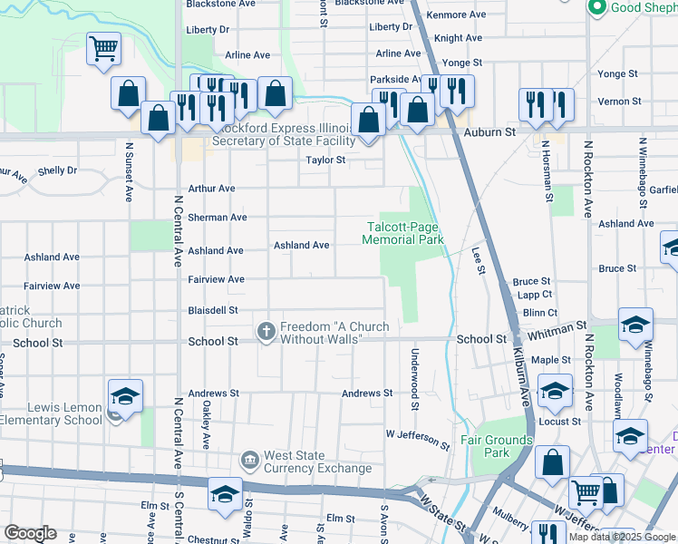map of restaurants, bars, coffee shops, grocery stores, and more near 1207 Fairview Avenue in Rockford
