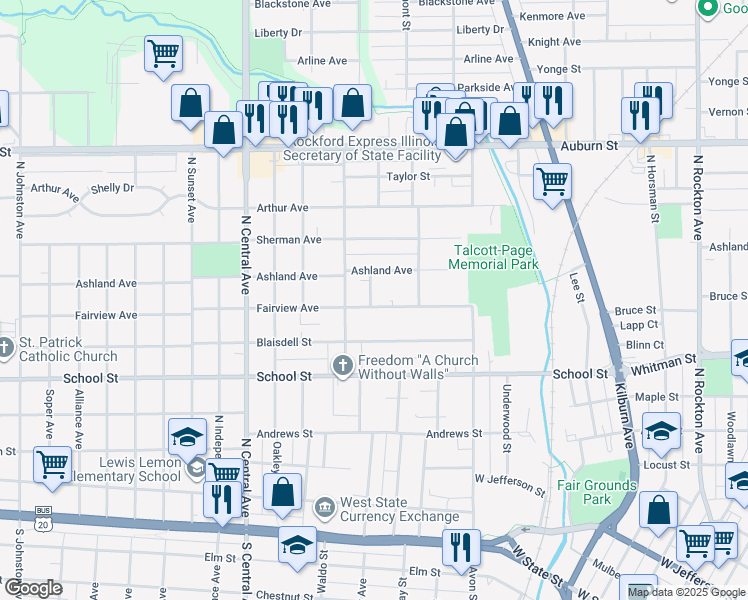 map of restaurants, bars, coffee shops, grocery stores, and more near 703 Leslie Avenue in Rockford
