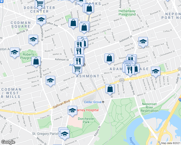 map of restaurants, bars, coffee shops, grocery stores, and more near 69 Bushnell Street in Boston