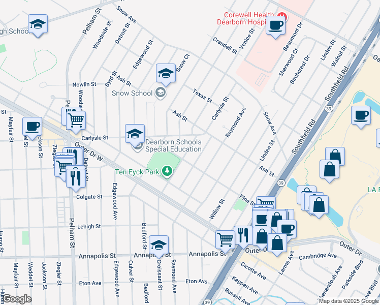 map of restaurants, bars, coffee shops, grocery stores, and more near 3337 Croissant Street in Dearborn