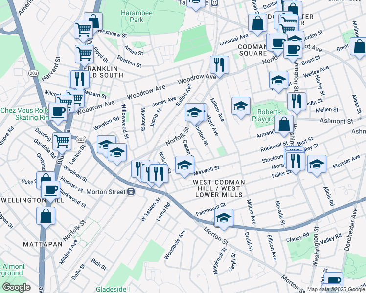 map of restaurants, bars, coffee shops, grocery stores, and more near 12 Capen Street in Boston