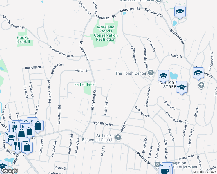 map of restaurants, bars, coffee shops, grocery stores, and more near 45 Oak Knoll Street in Worcester