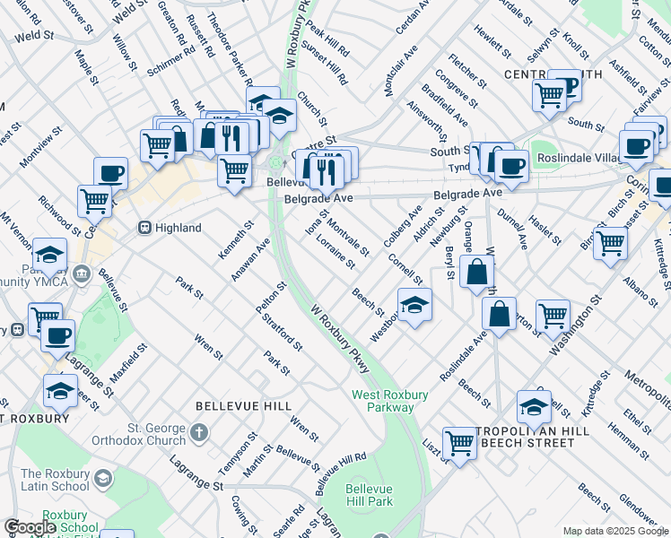 map of restaurants, bars, coffee shops, grocery stores, and more near 148 Beech Street in Boston