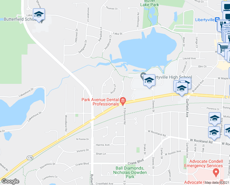 map of restaurants, bars, coffee shops, grocery stores, and more near 180 Acorn Lane in Libertyville
