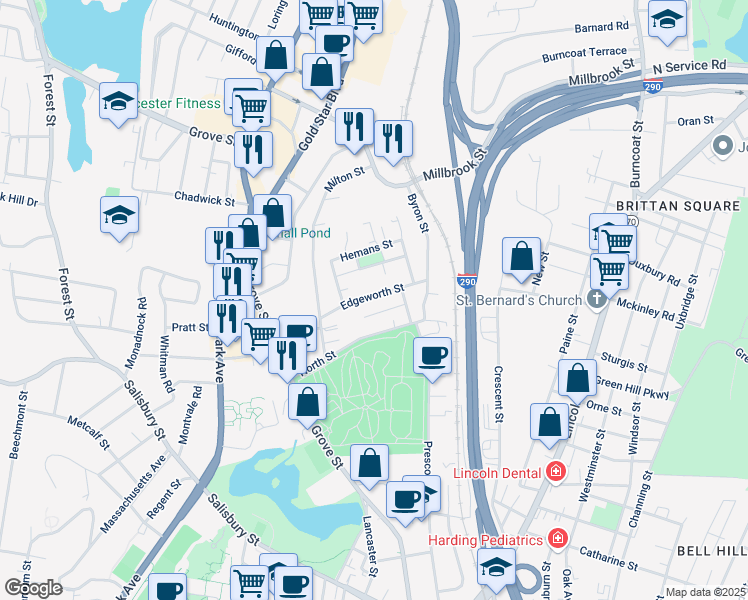 map of restaurants, bars, coffee shops, grocery stores, and more near 35 Edgeworth Street in Worcester