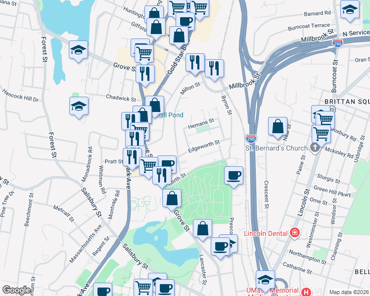 map of restaurants, bars, coffee shops, grocery stores, and more near 56 Edgeworth Street in Worcester