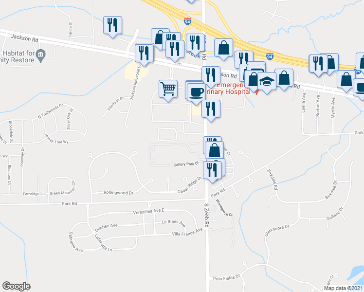 map of restaurants, bars, coffee shops, grocery stores, and more near 5525 Cambridge Club Circle in Ann Arbor