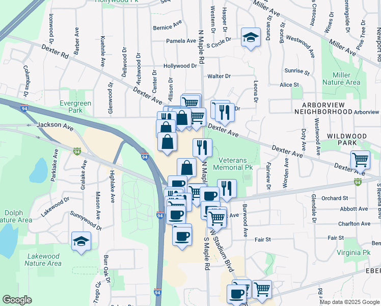 map of restaurants, bars, coffee shops, grocery stores, and more near 211 North Maple Road in Ann Arbor