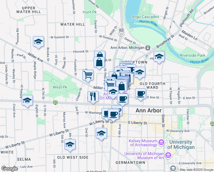 map of restaurants, bars, coffee shops, grocery stores, and more near 100 Miller Avenue in Ann Arbor