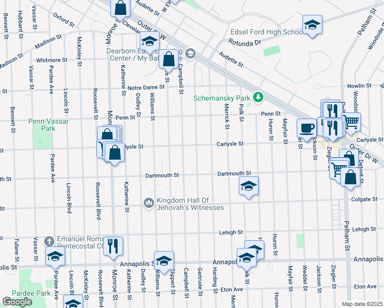 map of restaurants, bars, coffee shops, grocery stores, and more near 3730 Gertrude Street in Dearborn