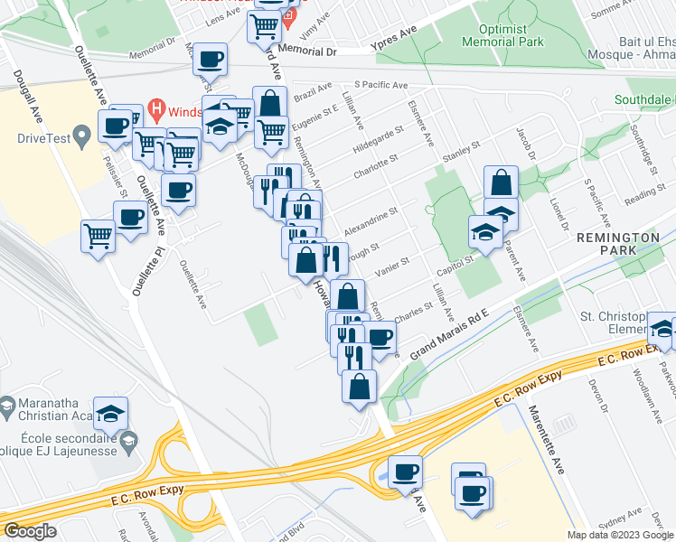 map of restaurants, bars, coffee shops, grocery stores, and more near 551 Edinborough Street in Windsor