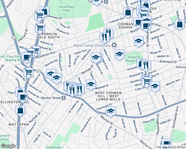map of restaurants, bars, coffee shops, grocery stores, and more near 12 Capen Street in Boston