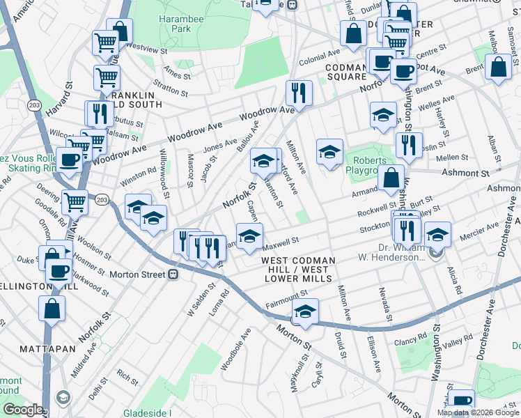 map of restaurants, bars, coffee shops, grocery stores, and more near 12 Capen Street in Boston