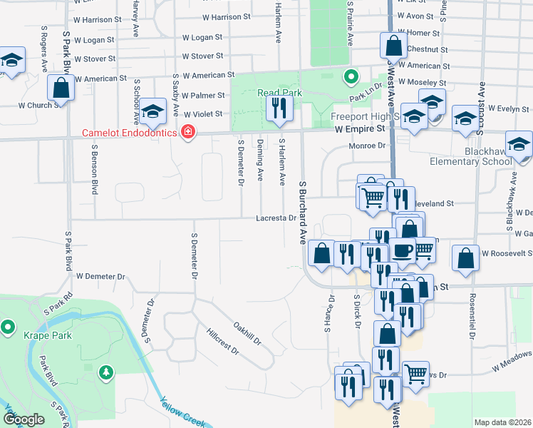 map of restaurants, bars, coffee shops, grocery stores, and more near 1472 Deming Avenue in Freeport
