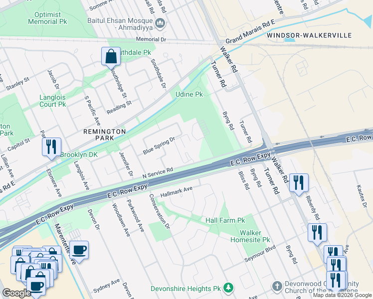 map of restaurants, bars, coffee shops, grocery stores, and more near 1750 North Service Road in Windsor