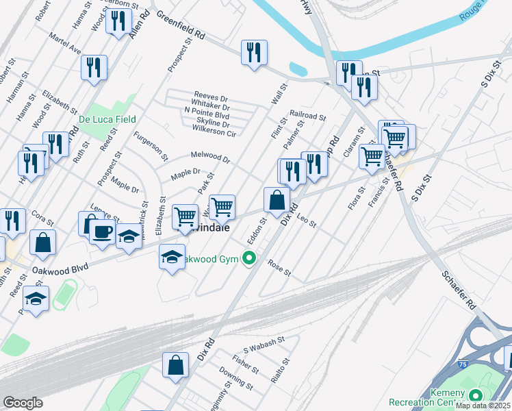 map of restaurants, bars, coffee shops, grocery stores, and more near 2880 Oakwood in Melvindale