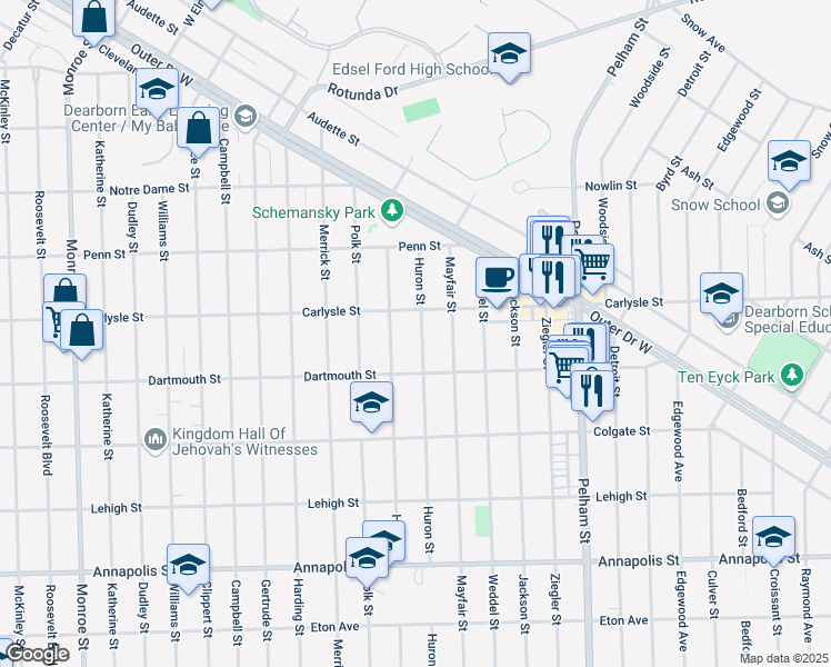 map of restaurants, bars, coffee shops, grocery stores, and more near 3740 Huron Street in Dearborn