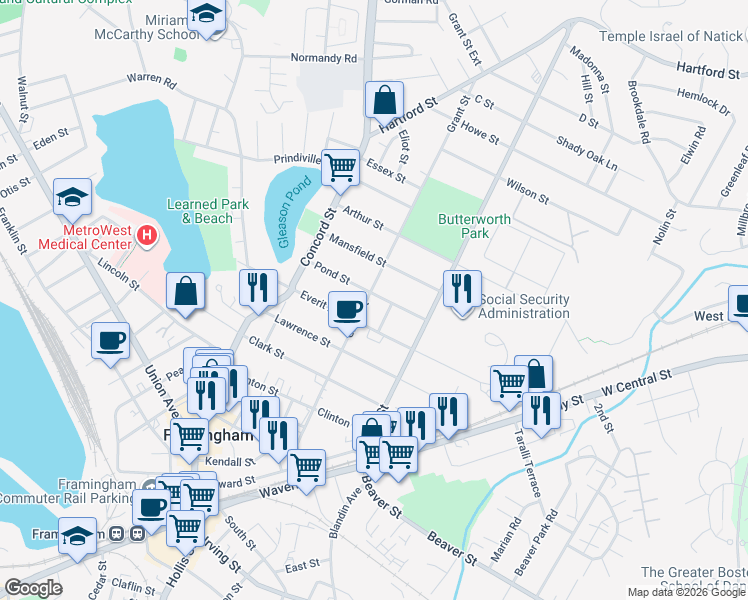 map of restaurants, bars, coffee shops, grocery stores, and more near 165 Grant Street in Framingham