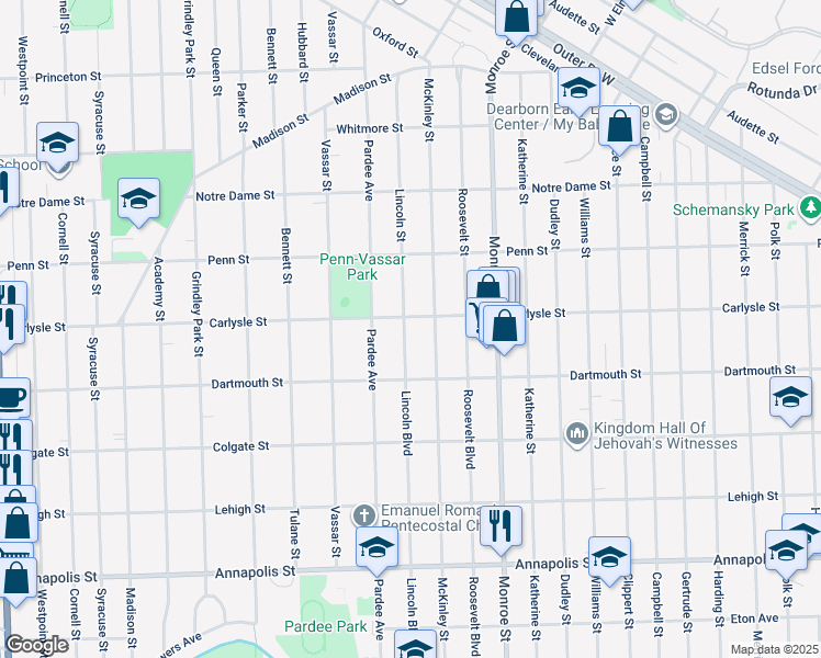 map of restaurants, bars, coffee shops, grocery stores, and more near 3721 Lincoln Street in Dearborn