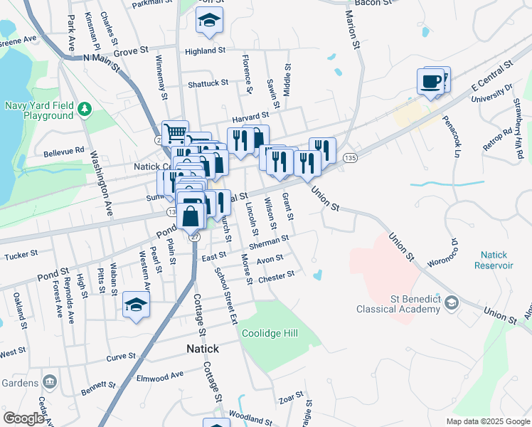 map of restaurants, bars, coffee shops, grocery stores, and more near 7 Wilson Street in Natick