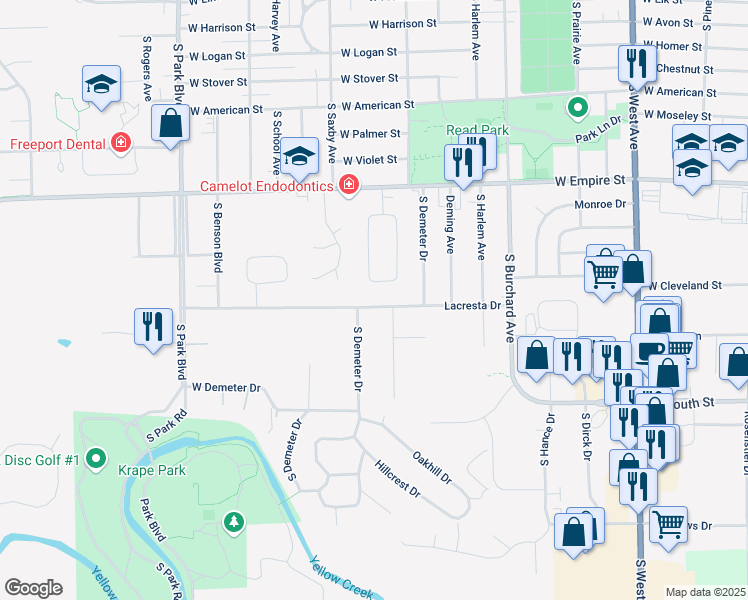 map of restaurants, bars, coffee shops, grocery stores, and more near 1244 Lacresta Drive in Freeport