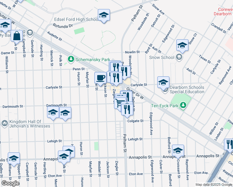 map of restaurants, bars, coffee shops, grocery stores, and more near 3753 Ziegler Street in Dearborn